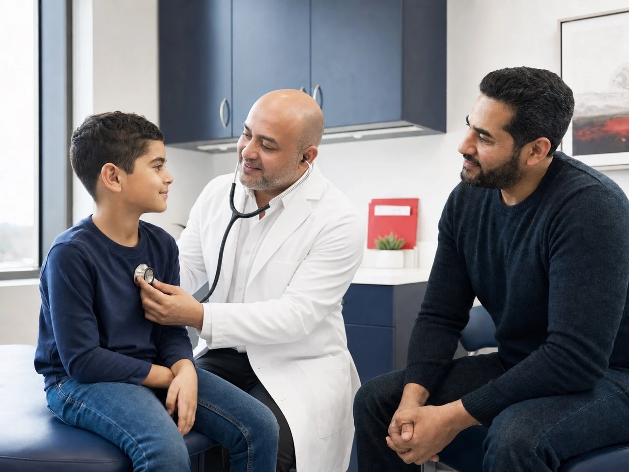HMC provider examining a child with a stethoscope during a school physical while his father watches